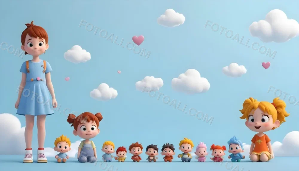 Digital Painting A Row Of Cartoon Children With Various Hairstyles And Expressions Some Holding Toys Against A Light Blue Background With Simple Clouds And Hearts Bold And Slim Lines Brush Strokes 24 3f87