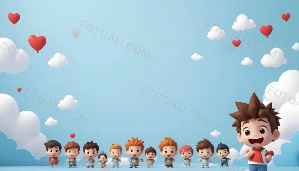 Digital Painting A Row Of Cartoon Children With Various Hairstyles And Expressions Some Holding Toys Against A Light Blue Background With Simple Clouds And Hearts Bold And Slim Lines Brush Strokes 32 5e1e