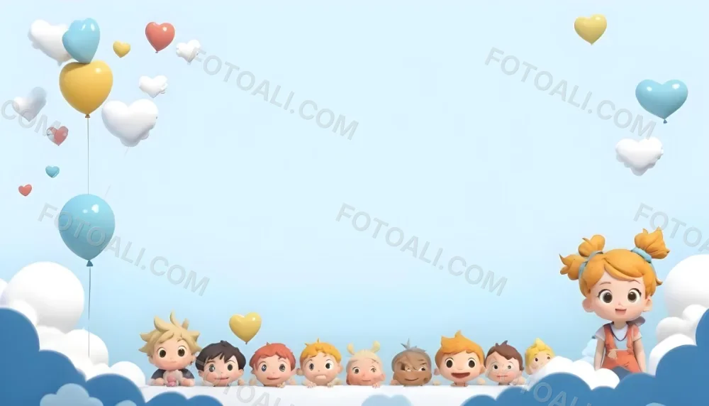 Digital Painting A Row Of Cartoon Children With Various Hairstyles And Expressions Some Holding Toys Against A Light Blue Background With Simple Clouds And Hearts Bold And Slim Lines Brush Strokes 4 9a98