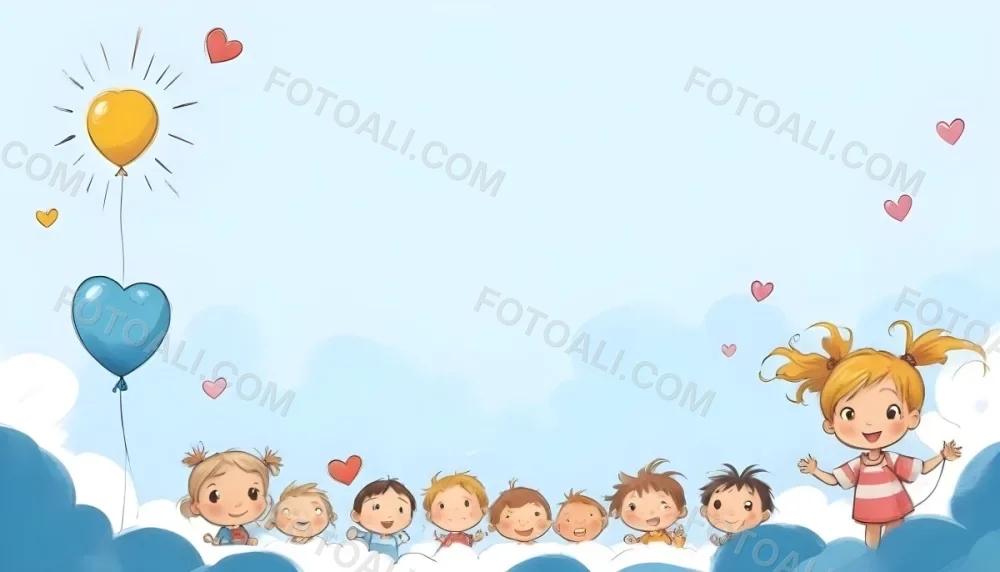 Digital Painting A Row Of Cartoon Children With Various Hairstyles And Expressions Some Holding Toys Against A Light Blue Background With Simple Clouds And Hearts Bold And Slim Lines Brush Strokes 43 A771