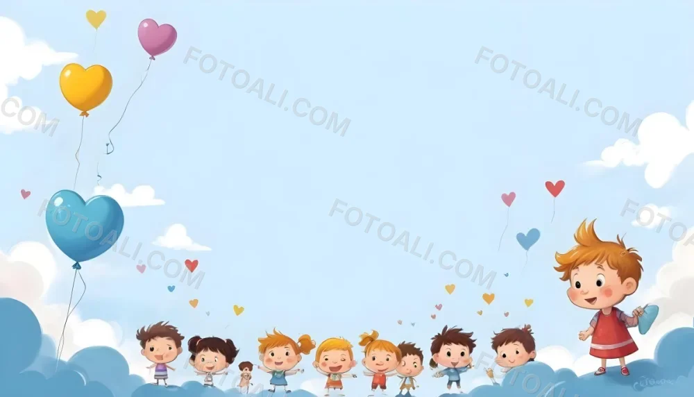 Digital Painting A Row Of Cartoon Children With Various Hairstyles And Expressions Some Holding Toys Against A Light Blue Background With Simple Clouds And Hearts Bold And Slim Lines Brush Strokes 44 54e4