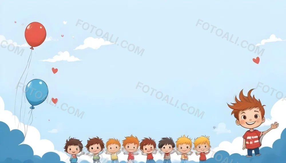 Digital Painting A Row Of Cartoon Children With Various Hairstyles And Expressions Some Holding Toys Against A Light Blue Background With Simple Clouds And Hearts Bold And Slim Lines Brush Strokes 45 473f