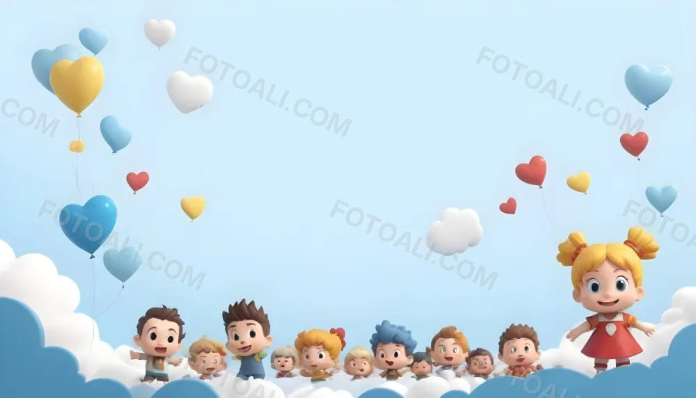 Digital Painting A Row Of Cartoon Children With Various Hairstyles And Expressions Some Holding Toys Against A Light Blue Background With Simple Clouds And Hearts Bold And Slim Lines Brush Strokes 5 4a6d
