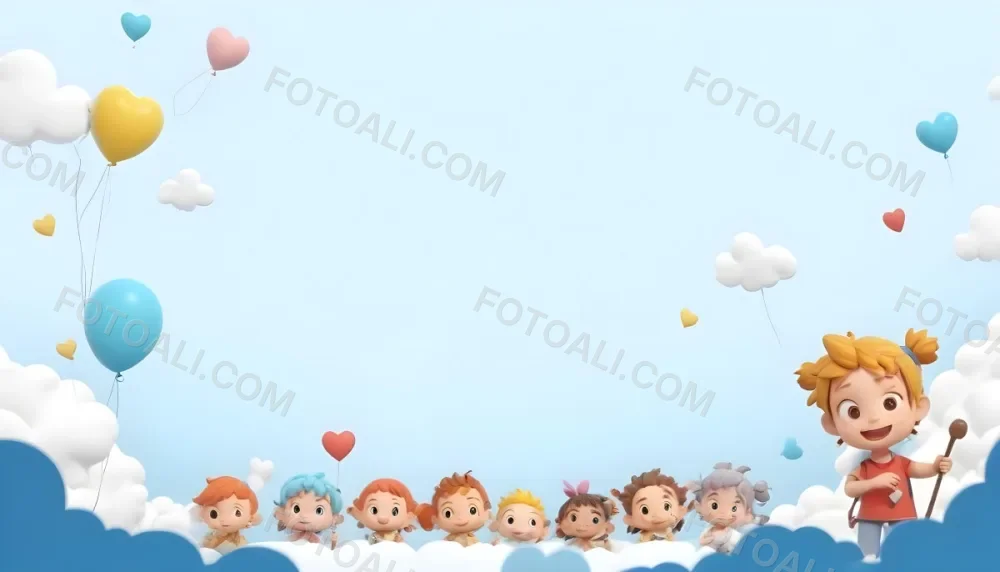 Digital Painting A Row Of Cartoon Children With Various Hairstyles And Expressions Some Holding Toys Against A Light Blue Background With Simple Clouds And Hearts Bold And Slim Lines Brush Strokes 6 0c5b
