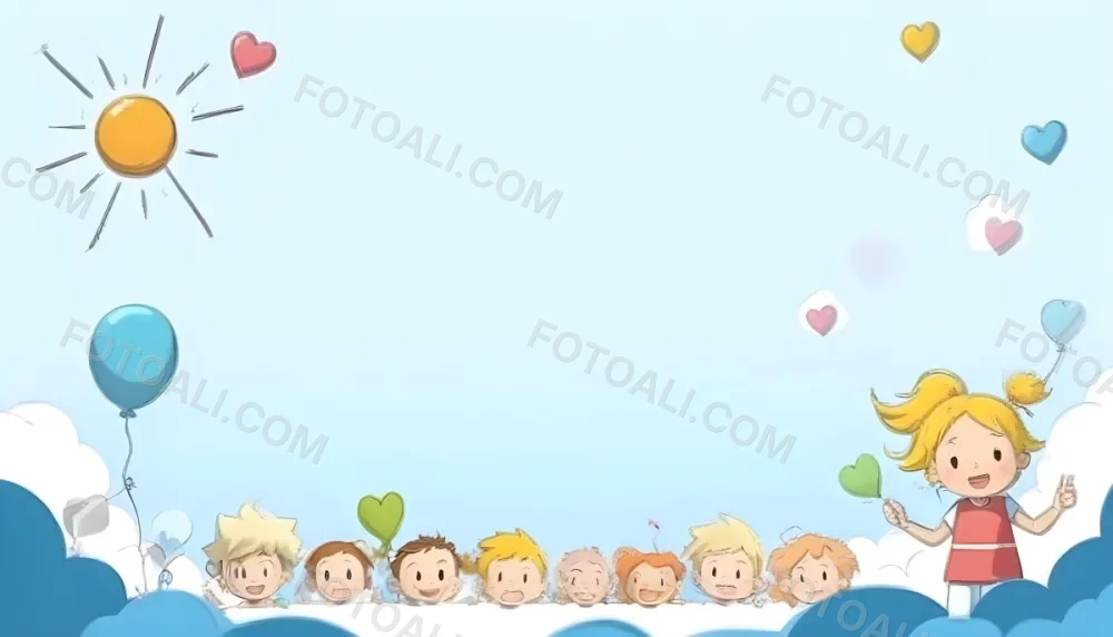 Digital Painting A Row Of Cartoon Children With Various Hairstyles And Expressions Some Holding Toys Against A Light Blue Background With Simple Clouds And Hearts Bold And Slim Lines Brush Strokes 8 E56c