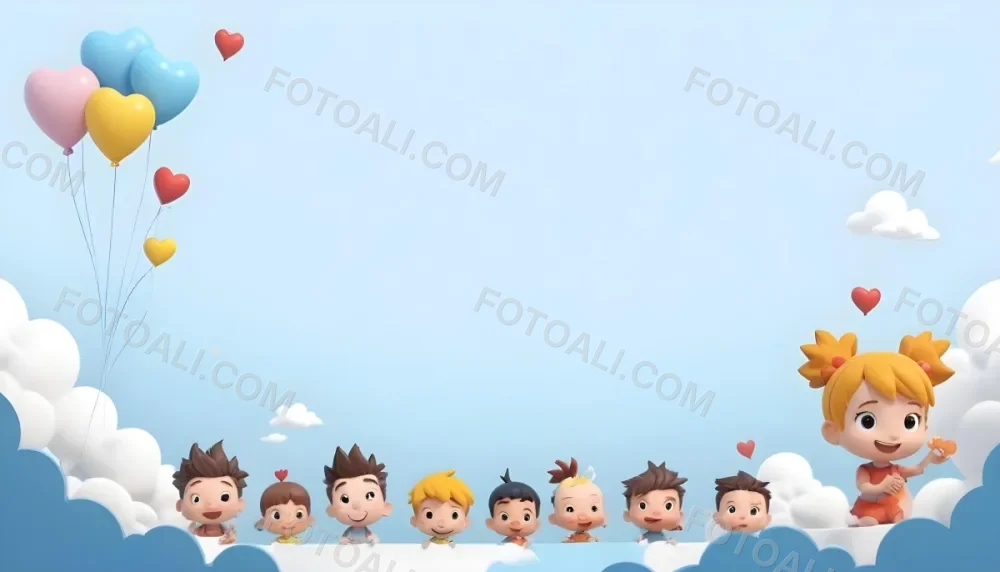 Digital Painting A Row Of Cartoon Children With Various Hairstyles And Expressions Some Holding Toys Against A Light Blue Background With Simple Clouds And Hearts Bold And Slim Lines Brush Strokes 9 C2d4