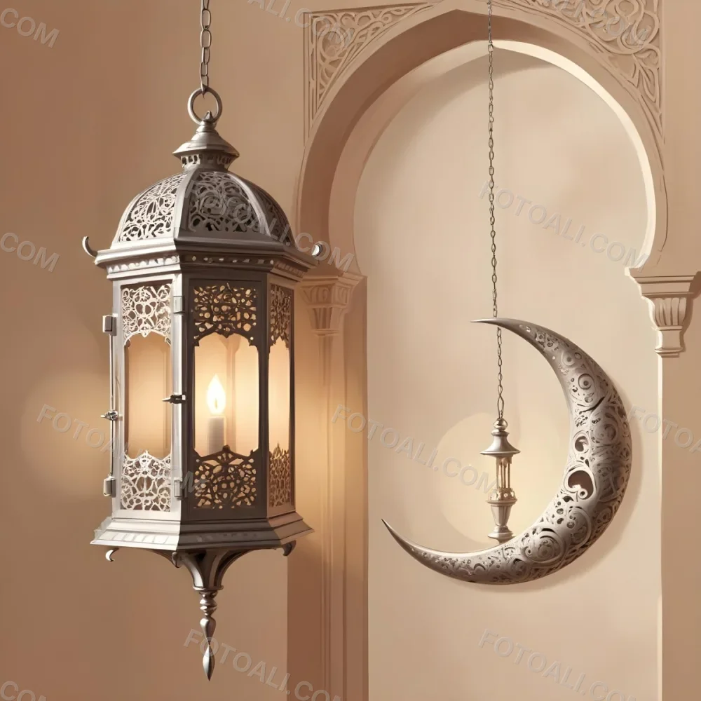 Digital Painting A Silver Lantern Hanging From A Chain A Crescent Moon On A Beige Wall An Archway With Intricate Designs Soft Lighting And A Warm Inviting Atmosphere Bold And Slim Lines Brush Strokes 11 E7e6