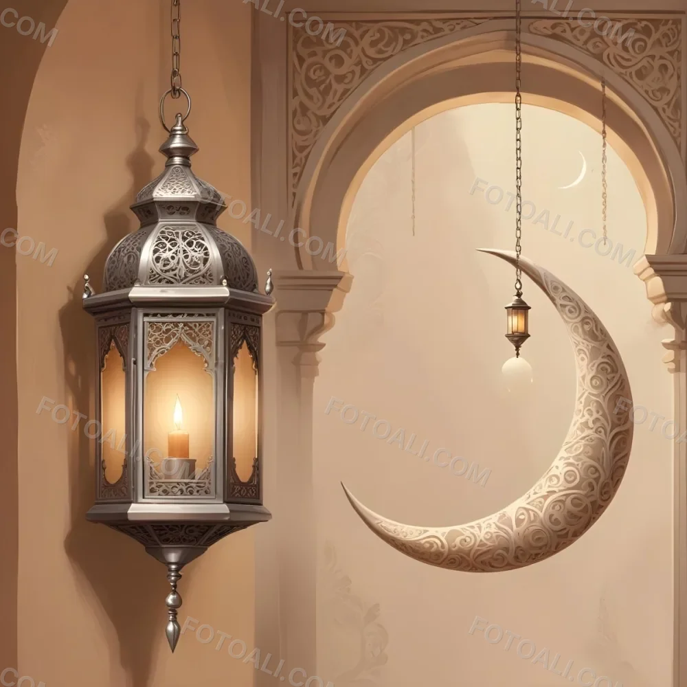 Digital Painting A Silver Lantern Hanging From A Chain A Crescent Moon On A Beige Wall An Archway With Intricate Designs Soft Lighting And A Warm Inviting Atmosphere Bold And Slim Lines Brush Strokes 17 0084