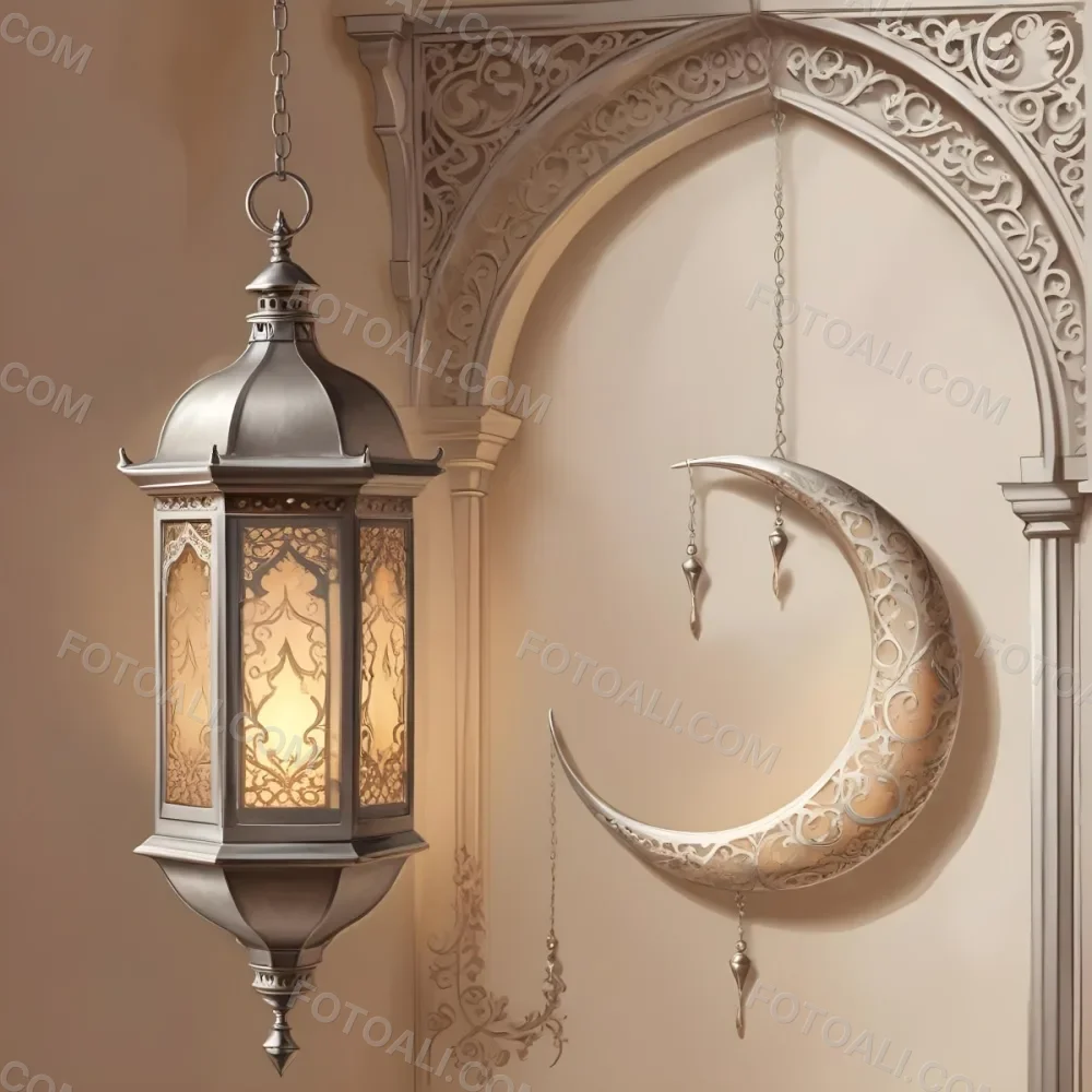 Digital Painting A Silver Lantern Hanging From A Chain A Crescent Moon On A Beige Wall An Archway With Intricate Designs Soft Lighting And A Warm Inviting Atmosphere Bold And Slim Lines Brush Strokes 22 7350
