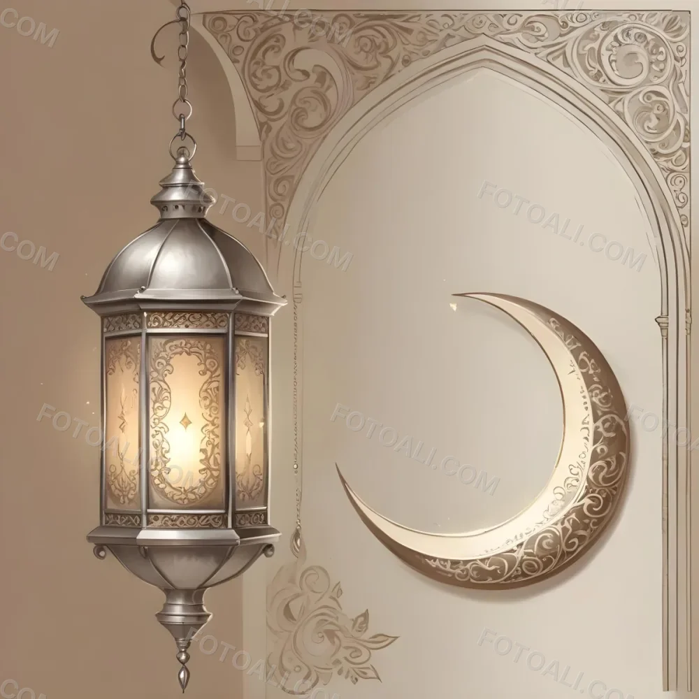 Digital Painting A Silver Lantern Hanging From A Chain A Crescent Moon On A Beige Wall An Archway With Intricate Designs Soft Lighting And A Warm Inviting Atmosphere Bold And Slim Lines Brush Strokes 23 18b3