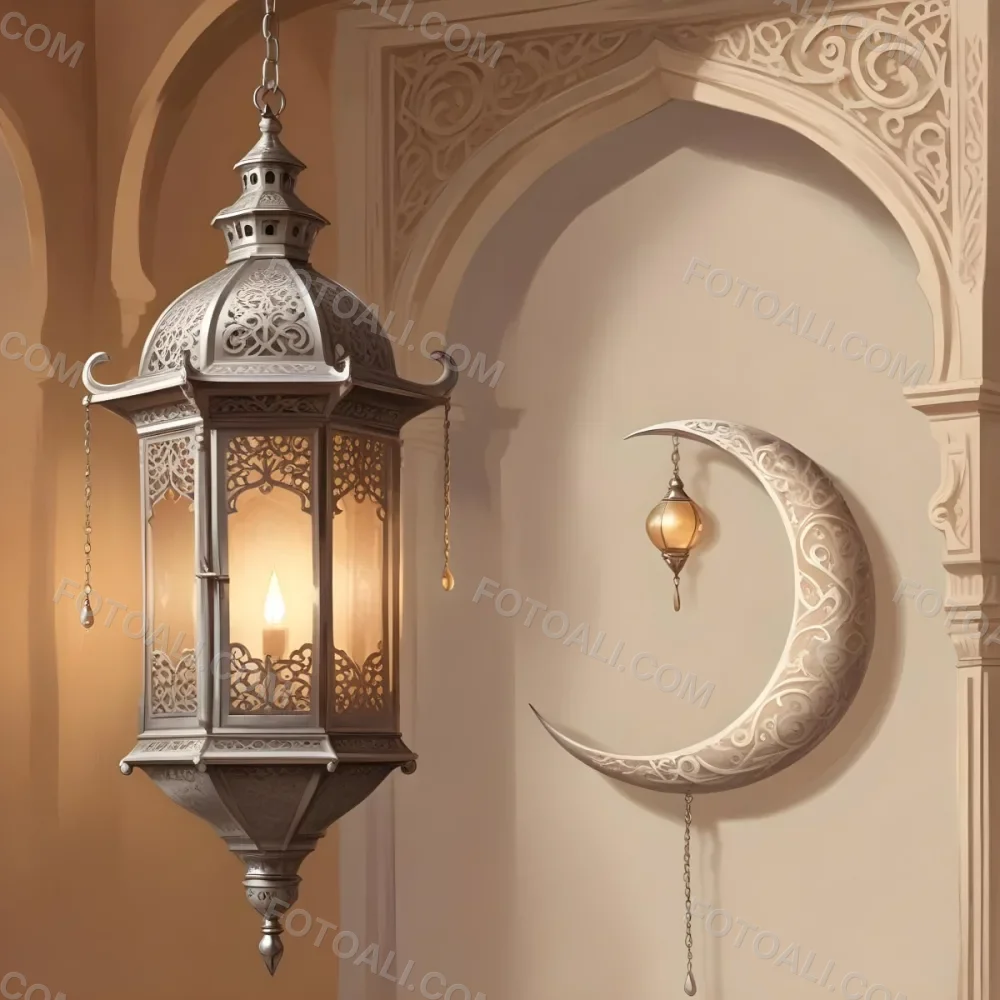 Digital Painting A Silver Lantern Hanging From A Chain A Crescent Moon On A Beige Wall An Archway With Intricate Designs Soft Lighting And A Warm Inviting Atmosphere Bold And Slim Lines Brush Strokes 28 5a5e