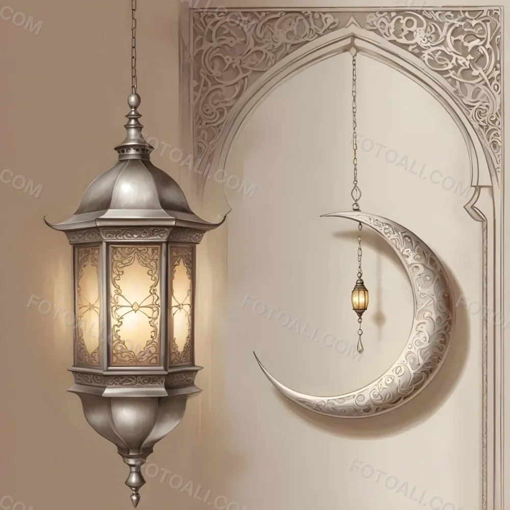 Digital Painting A Silver Lantern Hanging From A Chain A Crescent Moon On A Beige Wall An Archway With Intricate Designs Soft Lighting And A Warm Inviting Atmosphere Bold And Slim Lines Brush Strokes 29 117f