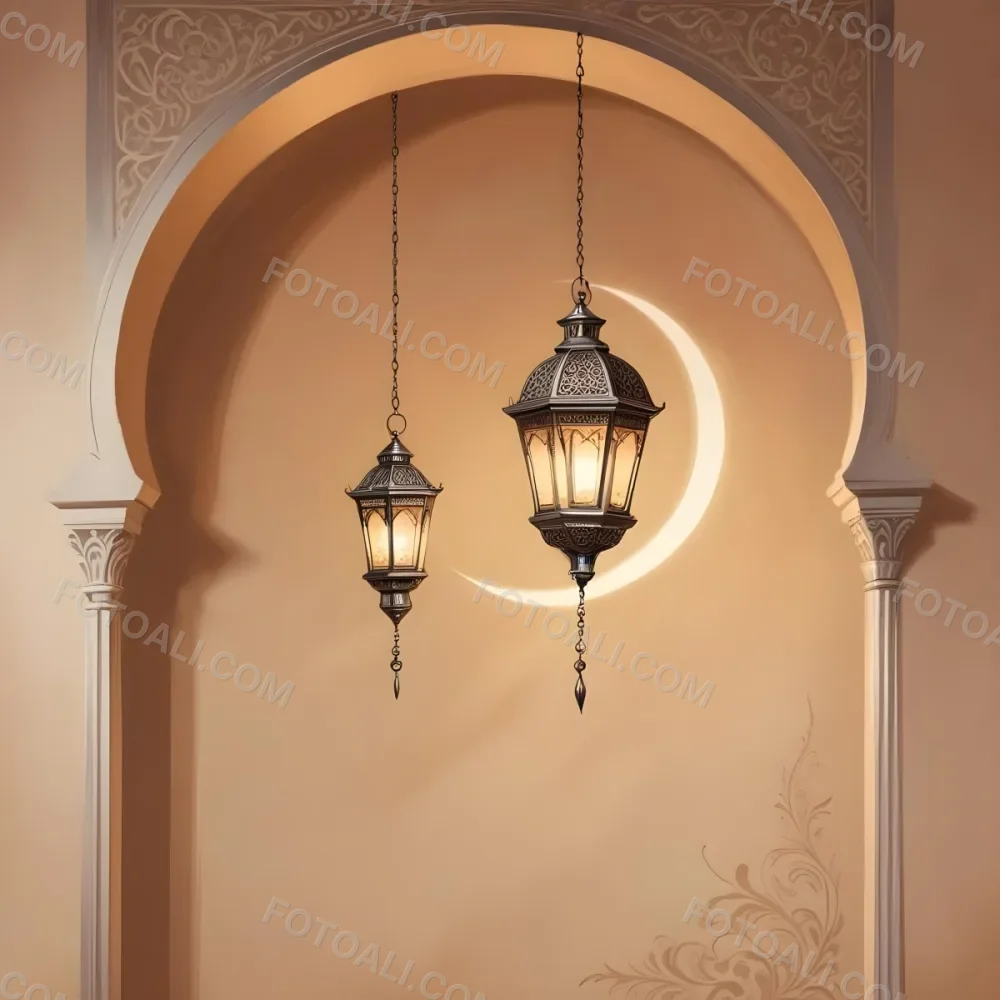 Digital Painting A Silver Lantern Hanging From A Chain A Crescent Moon On A Beige Wall An Archway With Intricate Designs Soft Lighting And A Warm Inviting Atmosphere Bold And Slim Lines Brush Strokes 3 A240