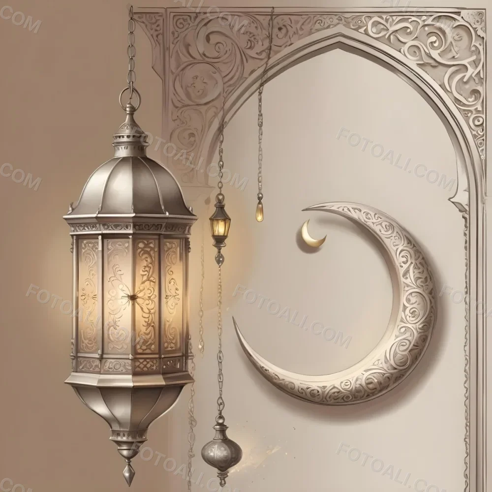 Digital Painting A Silver Lantern Hanging From A Chain A Crescent Moon On A Beige Wall An Archway With Intricate Designs Soft Lighting And A Warm Inviting Atmosphere Bold And Slim Lines Brush Strokes 31 C02b