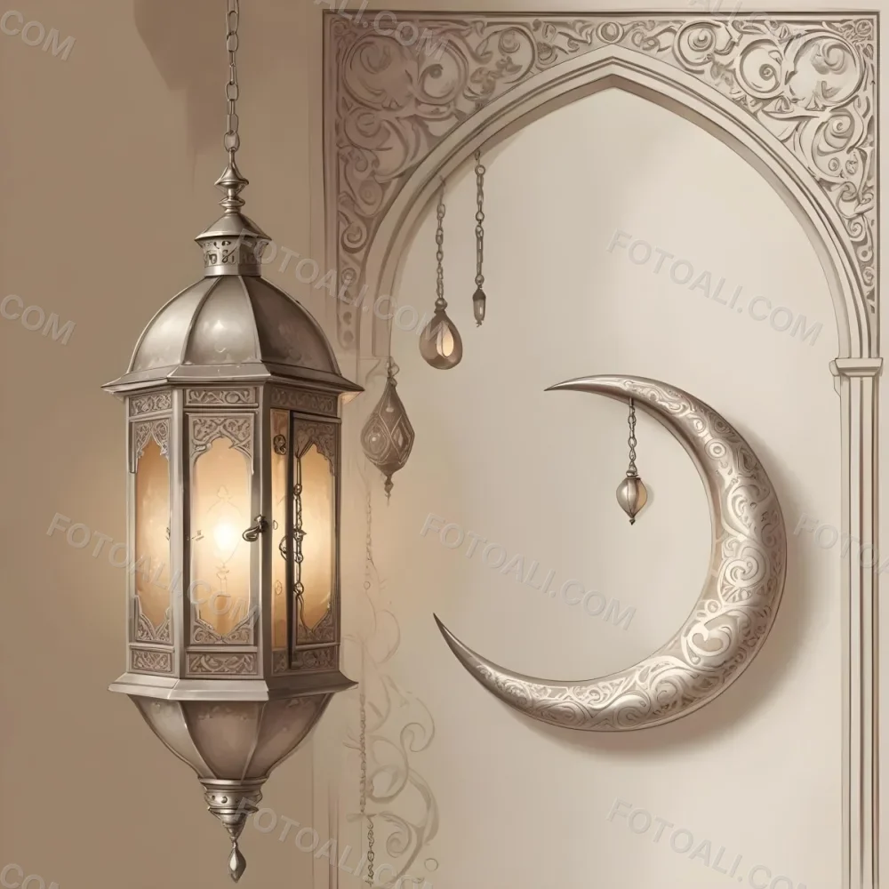 Digital Painting A Silver Lantern Hanging From A Chain A Crescent Moon On A Beige Wall An Archway With Intricate Designs Soft Lighting And A Warm Inviting Atmosphere Bold And Slim Lines Brush Strokes 33 4042