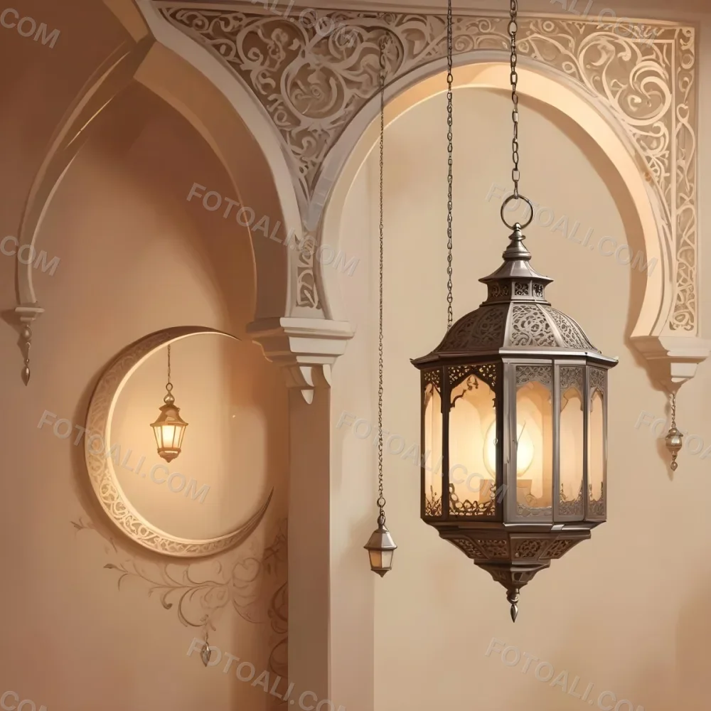 Digital Painting A Silver Lantern Hanging From A Chain A Crescent Moon On A Beige Wall An Archway With Intricate Designs Soft Lighting And A Warm Inviting Atmosphere Bold And Slim Lines Brush Strokes 5 2100