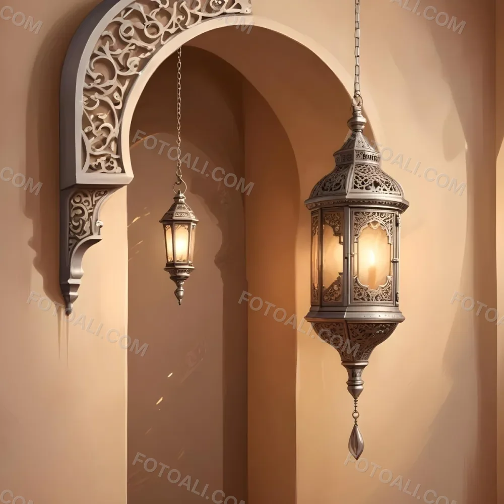 Digital Painting A Silver Lantern Hanging From A Chain A Crescent Moon On A Beige Wall An Archway With Intricate Designs Soft Lighting And A Warm Inviting Atmosphere Bold And Slim Lines Brush Strokes 7 Be37