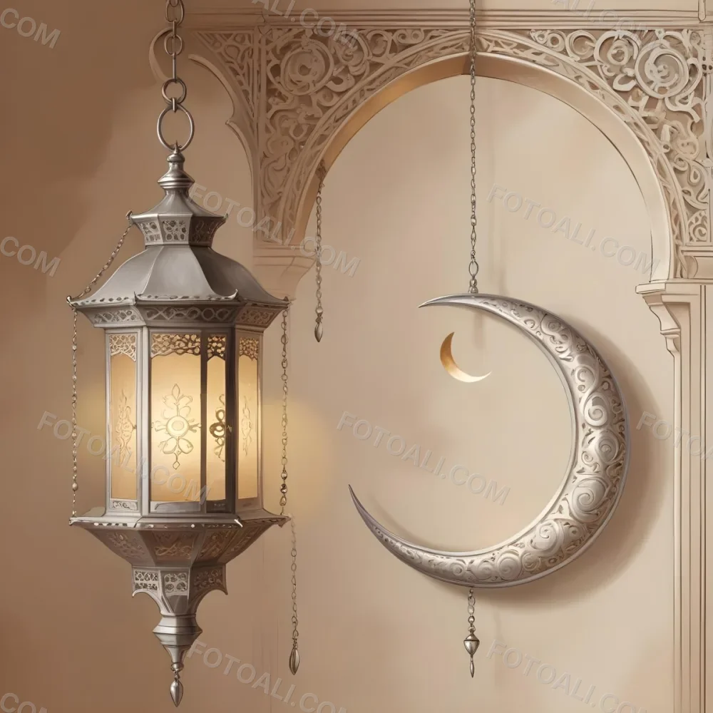 Digital Painting A Silver Lantern Hanging From A Chain A Crescent Moon On A Beige Wall An Archway With Intricate Designs Soft Lighting And A Warm Inviting Atmosphere Bold And Slim Lines Brush Strokes 8 99d7