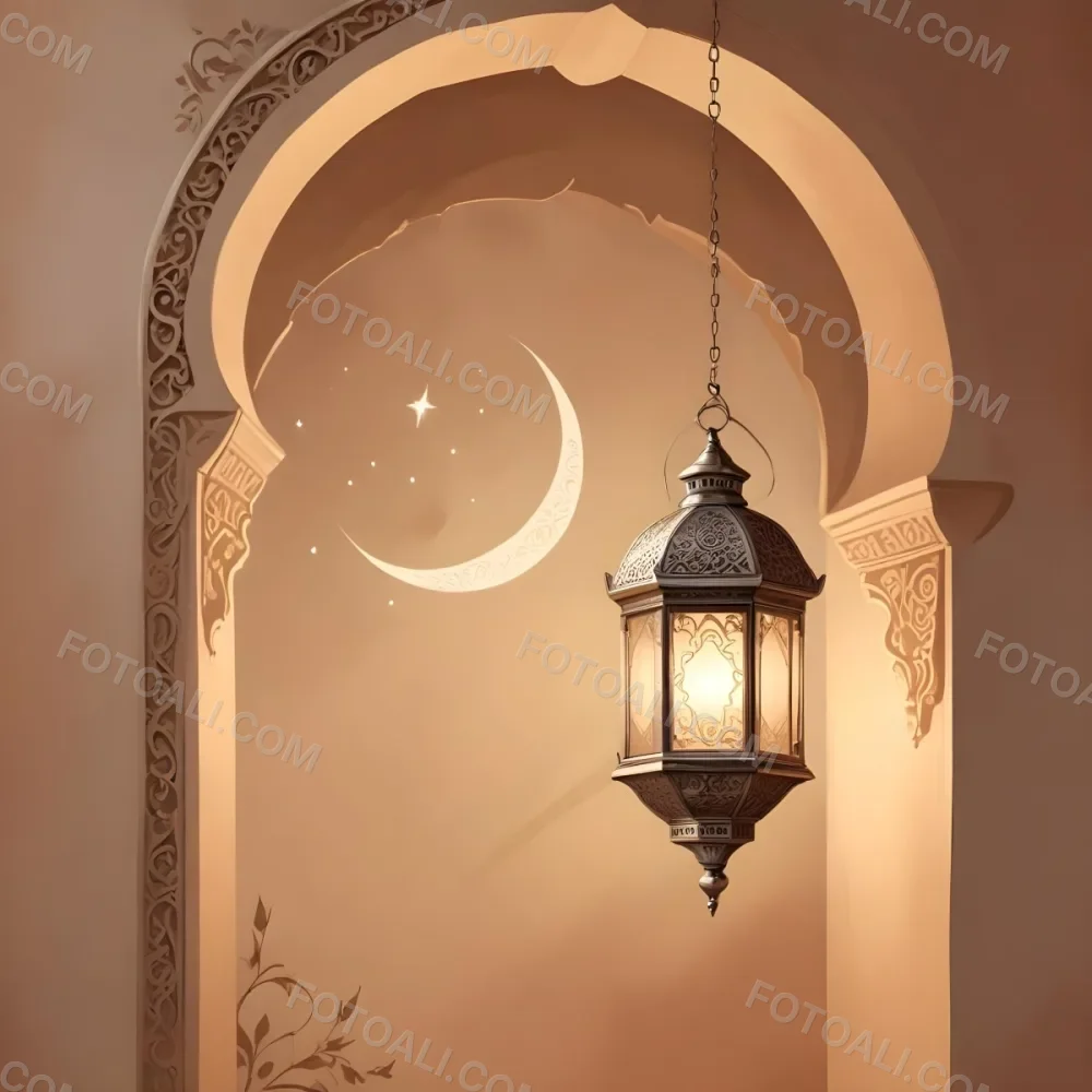 Digital Painting A Silver Lantern Hanging From A Chain A Crescent Moon On A Beige Wall An Archway With Intricate Designs Soft Lighting And A Warm Inviting Atmosphere Bold And Slim Lines Brush Strokes 9 9393