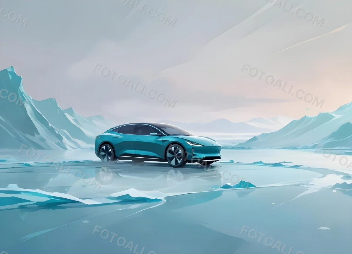 Digital Painting A Sleek Futuristic Electric Car In A Vibrant Teal Color Floating On An Icy Abstract Landscape With A Person Standing In The Background Bold And Slim Lines Brush Strokes 1 8ebb