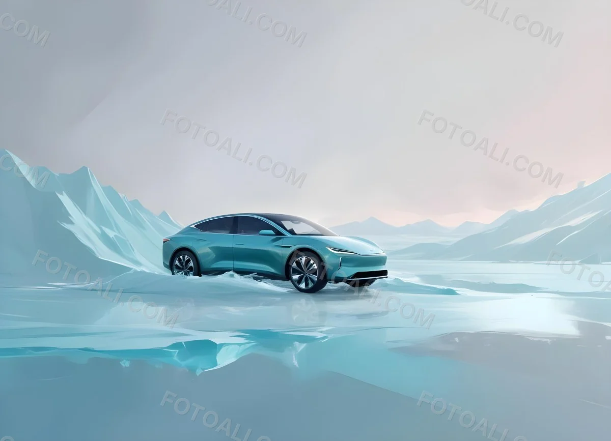 Digital Painting A Sleek Futuristic Electric Car In A Vibrant Teal Color Floating On An Icy Abstract Landscape With A Person Standing In The Background Bold And Slim Lines Brush Strokes 11 A07a