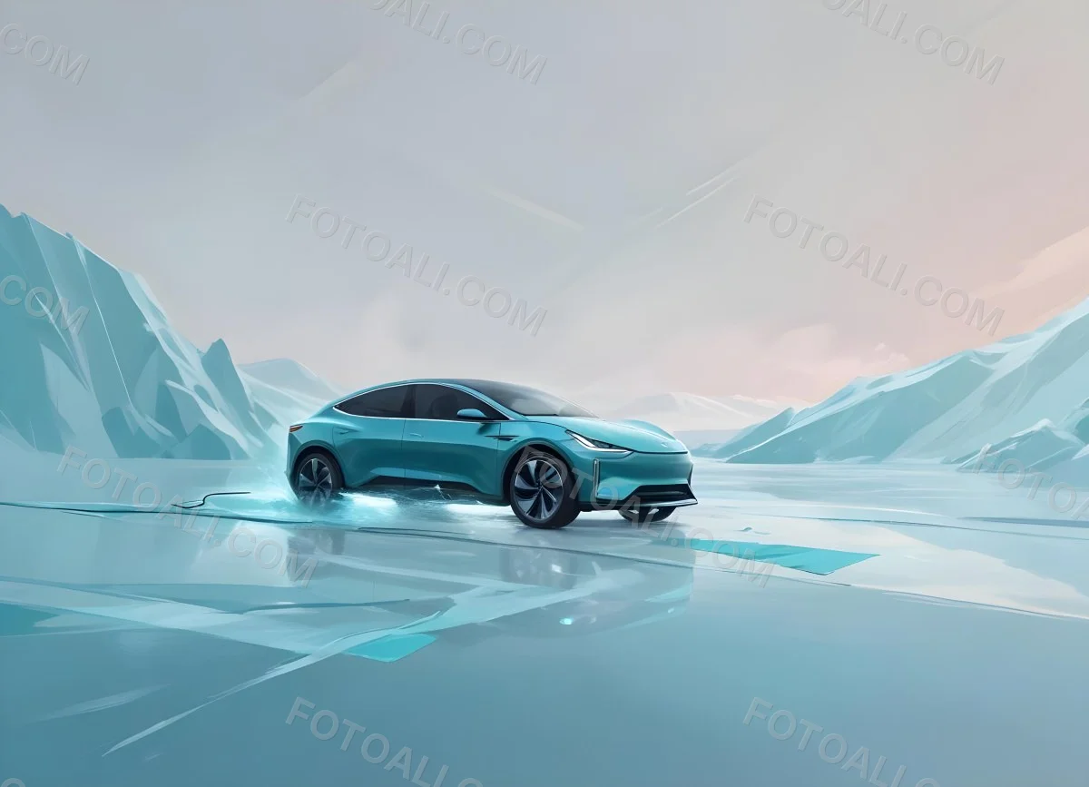Digital Painting A Sleek Futuristic Electric Car In A Vibrant Teal Color Floating On An Icy Abstract Landscape With A Person Standing In The Background Bold And Slim Lines Brush Strokes 12 9247