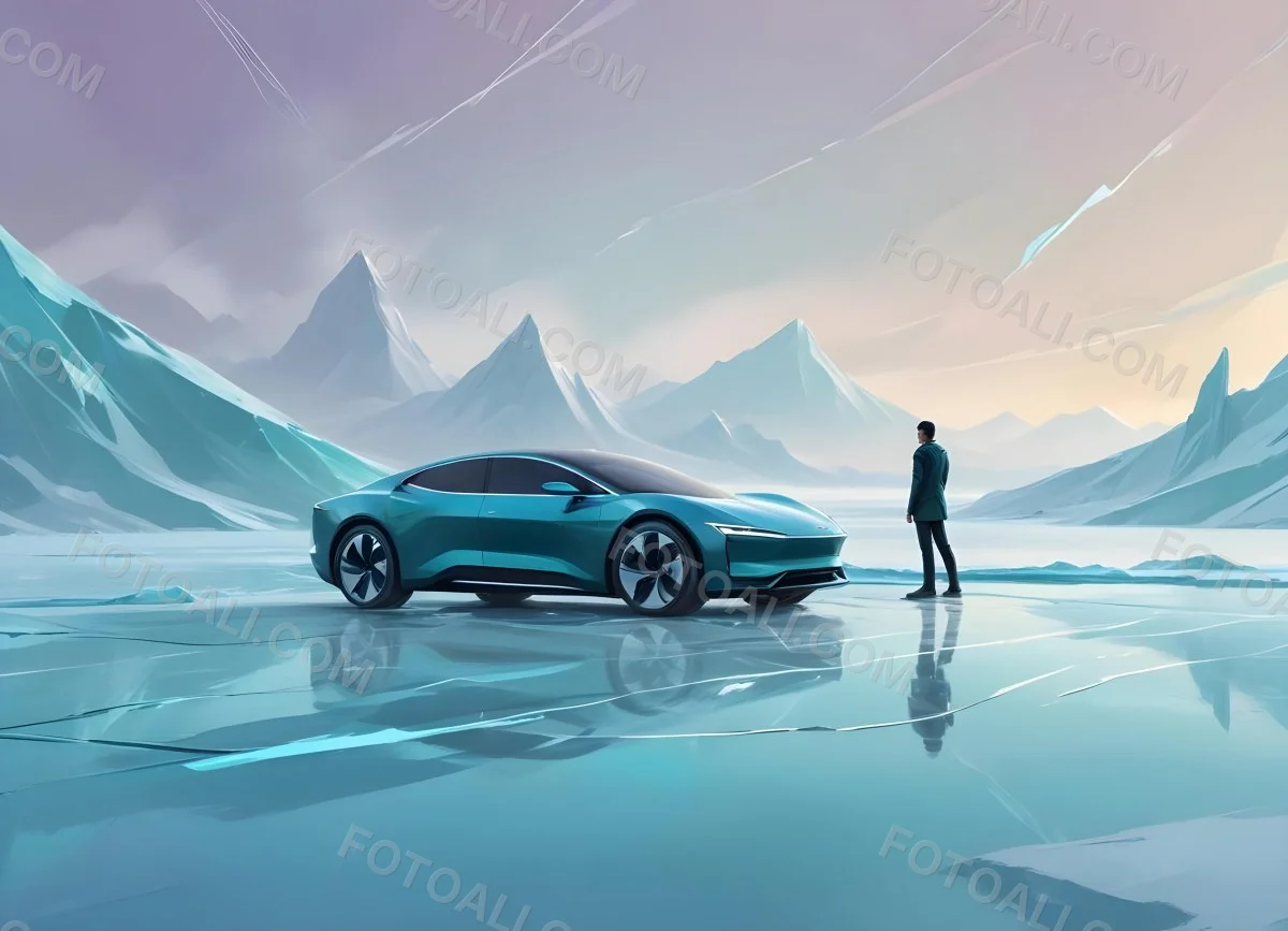 Digital Painting A Sleek Futuristic Electric Car In A Vibrant Teal Color Floating On An Icy Abstract Landscape With A Person Standing In The Background Bold And Slim Lines Brush Strokes 13 F14d