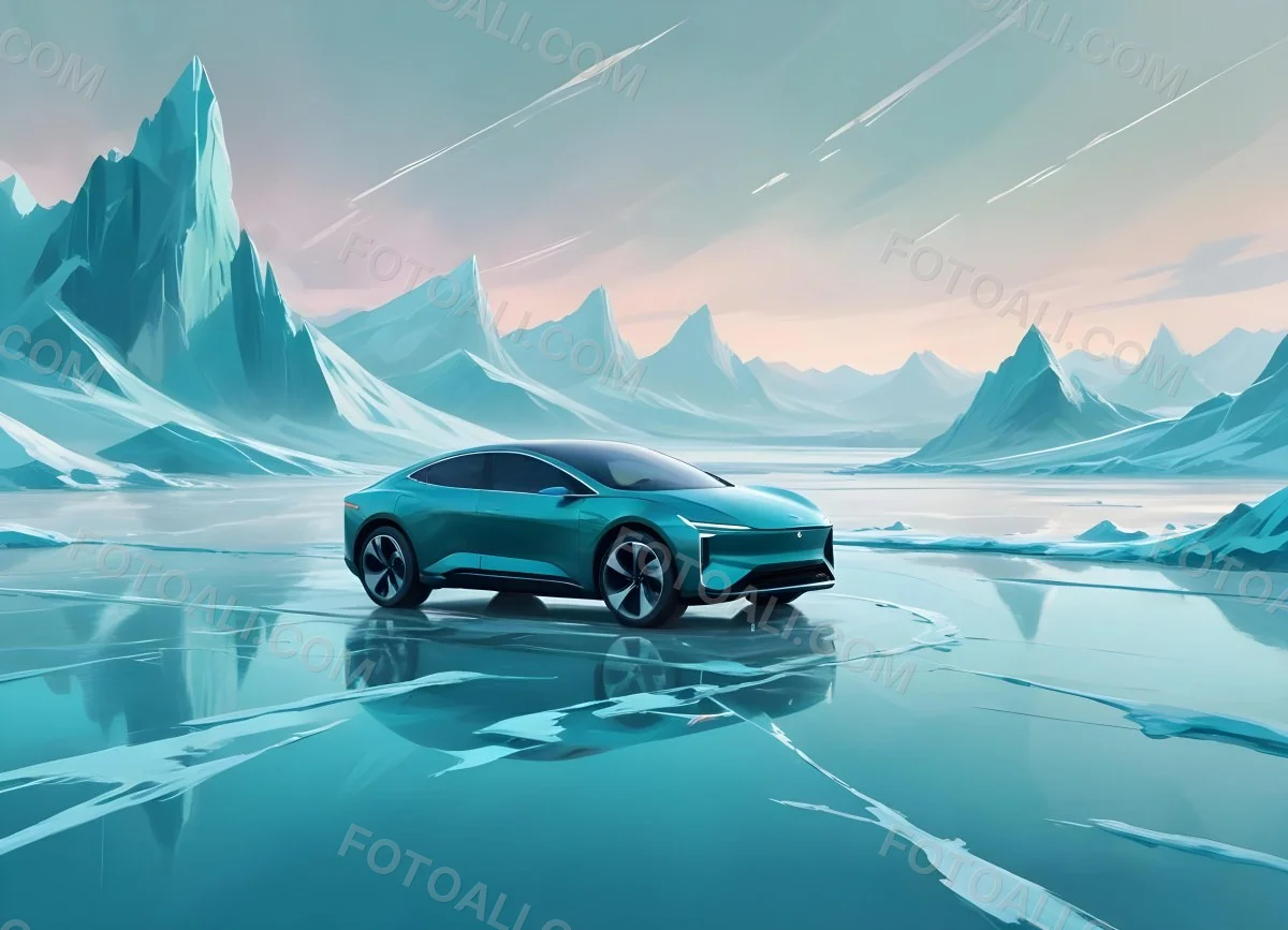 Digital Painting A Sleek Futuristic Electric Car In A Vibrant Teal Color Floating On An Icy Abstract Landscape With A Person Standing In The Background Bold And Slim Lines Brush Strokes 14 4161