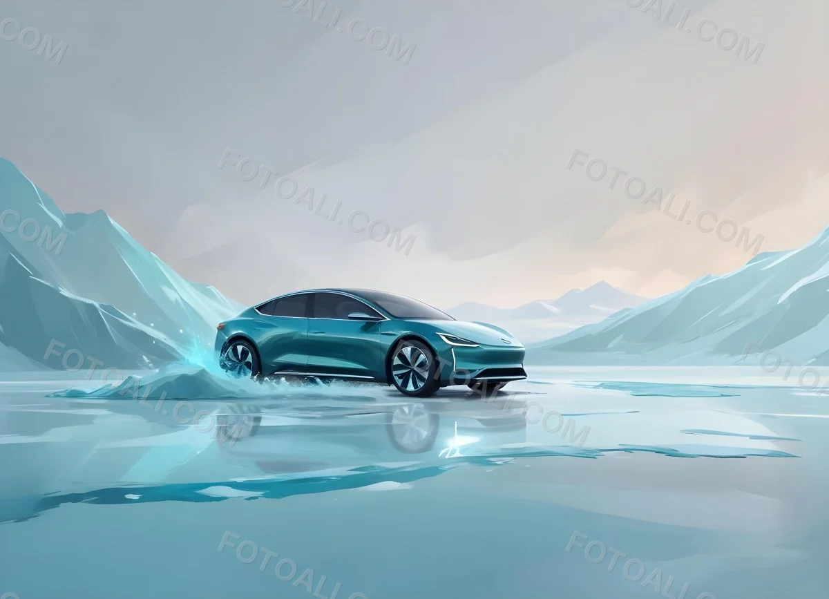 Digital Painting A Sleek Futuristic Electric Car In A Vibrant Teal Color Floating On An Icy Abstract Landscape With A Person Standing In The Background Bold And Slim Lines Brush Strokes 15 883d