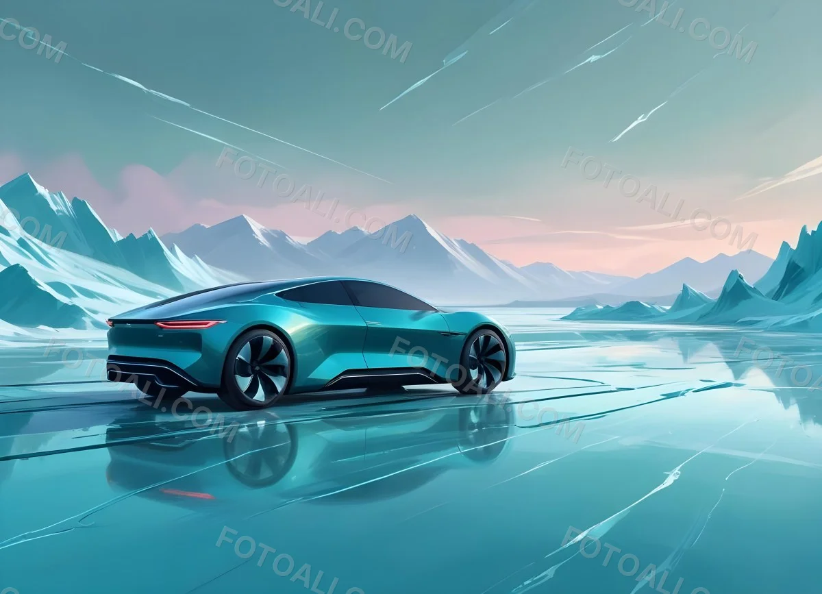 Digital Painting A Sleek Futuristic Electric Car In A Vibrant Teal Color Floating On An Icy Abstract Landscape With A Person Standing In The Background Bold And Slim Lines Brush Strokes 16 D661
