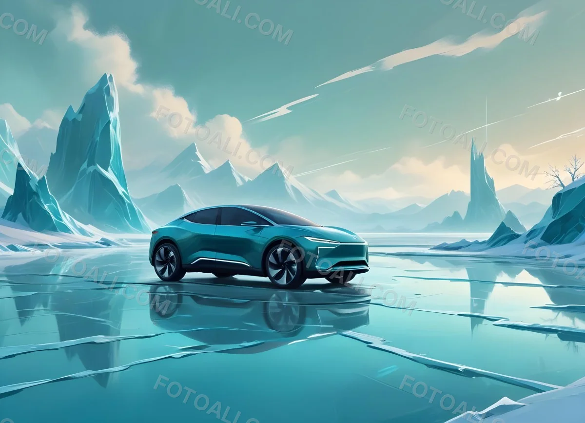 Digital Painting A Sleek Futuristic Electric Car In A Vibrant Teal Color Floating On An Icy Abstract Landscape With A Person Standing In The Background Bold And Slim Lines Brush Strokes 17 9677