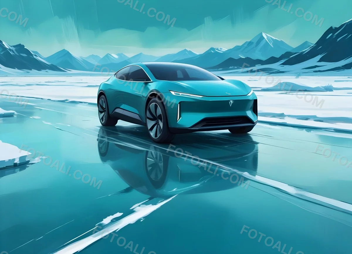Digital Painting A Sleek Futuristic Electric Car In A Vibrant Teal Color Floating On An Icy Abstract Landscape With A Person Standing In The Background Bold And Slim Lines Brush Strokes 18 33de