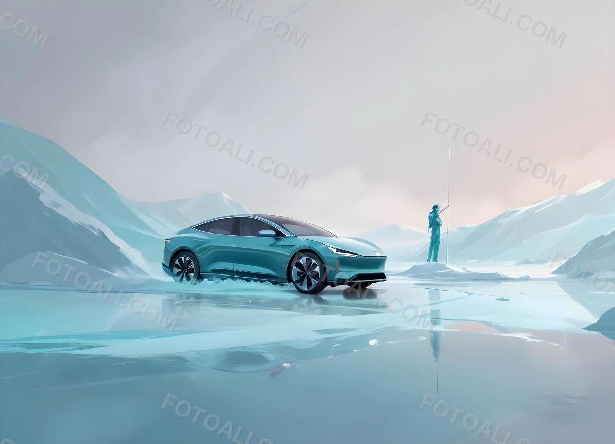 Digital Painting A Sleek Futuristic Electric Car In A Vibrant Teal Color Floating On An Icy Abstract Landscape With A Person Standing In The Background Bold And Slim Lines Brush Strokes 5 D847