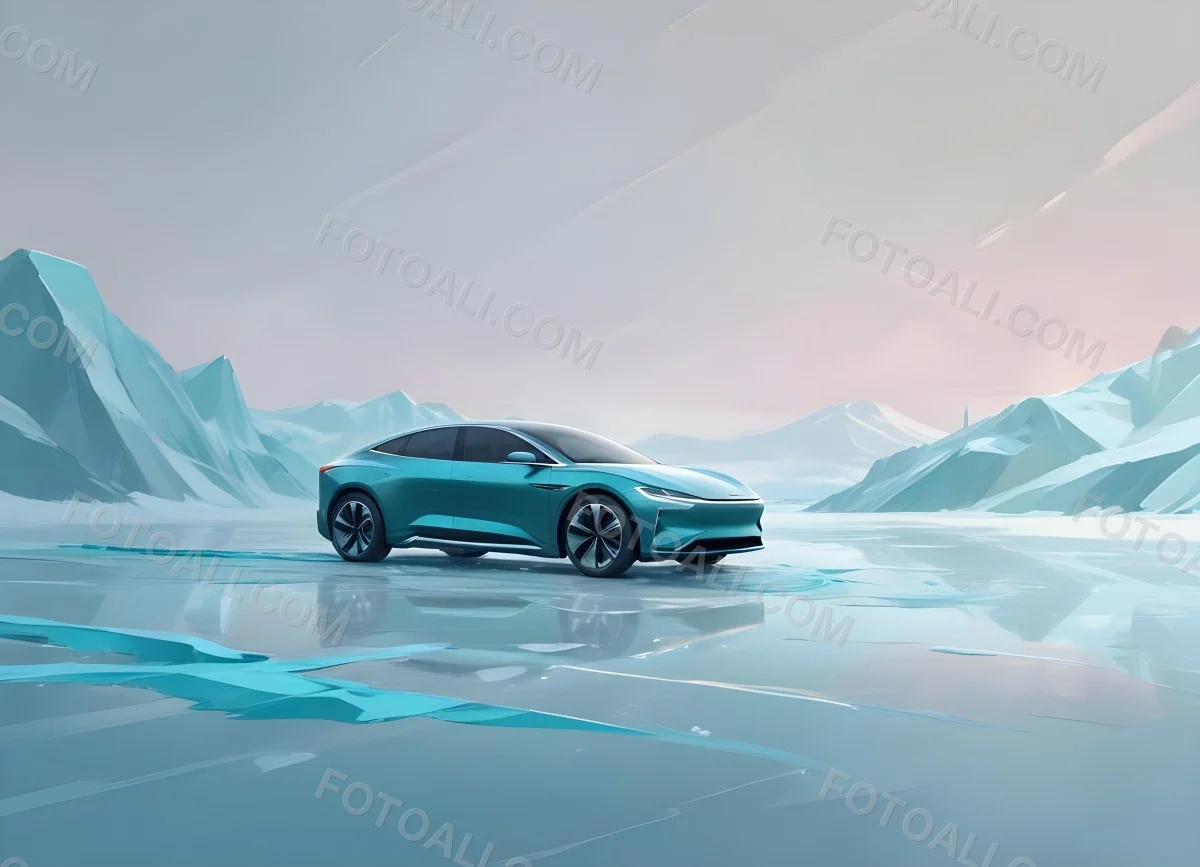 Digital Painting A Sleek Futuristic Electric Car In A Vibrant Teal Color Floating On An Icy Abstract Landscape With A Person Standing In The Background Bold And Slim Lines Brush Strokes 6 5f99