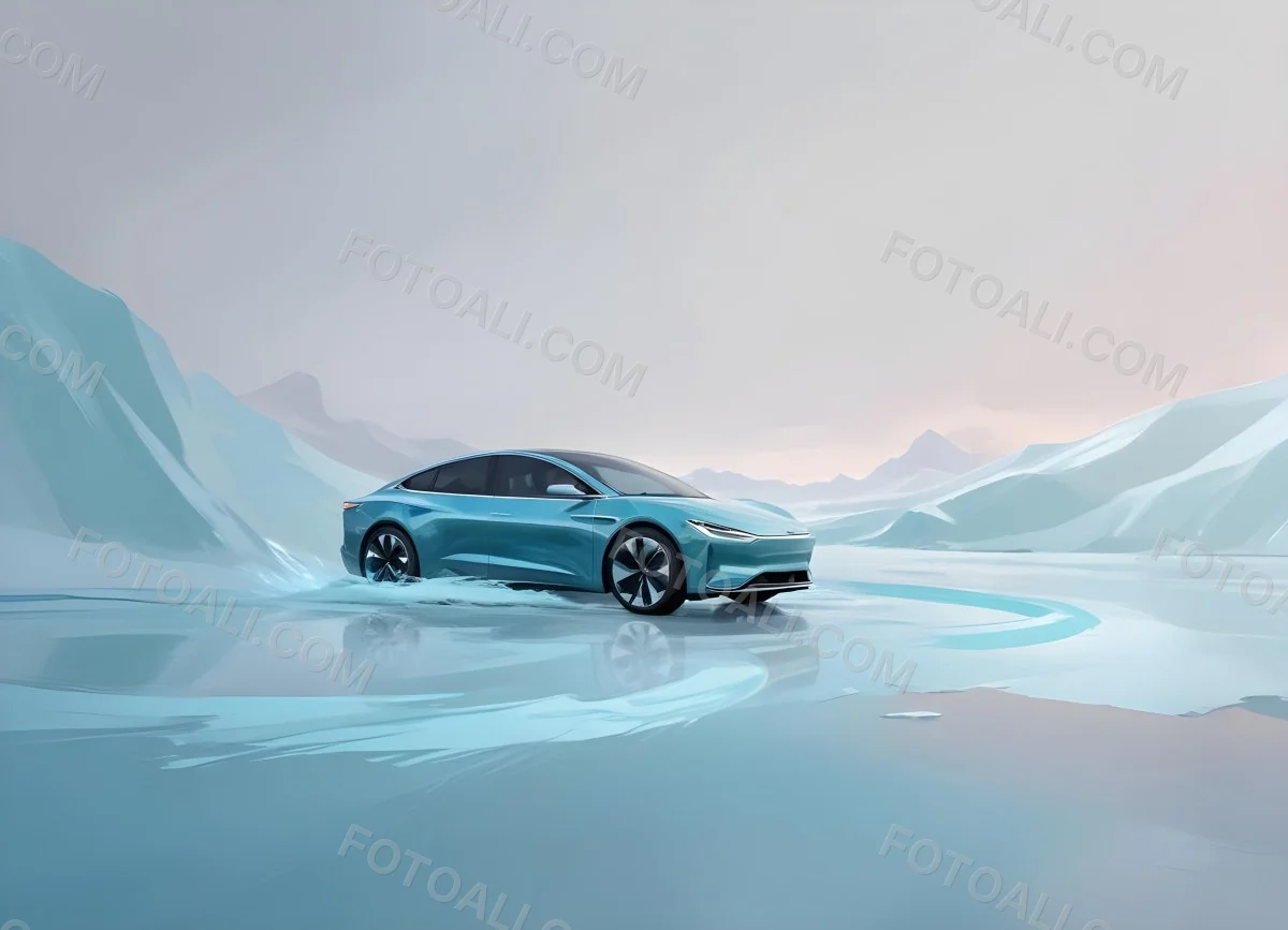 Digital Painting A Sleek Futuristic Electric Car In A Vibrant Teal Color Floating On An Icy Abstract Landscape With A Person Standing In The Background Bold And Slim Lines Brush Strokes 7 4553