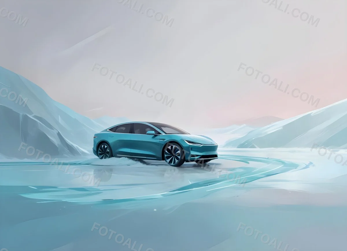 Digital Painting A Sleek Futuristic Electric Car In A Vibrant Teal Color Floating On An Icy Abstract Landscape With A Person Standing In The Background Bold And Slim Lines Brush Strokes 8 09f7