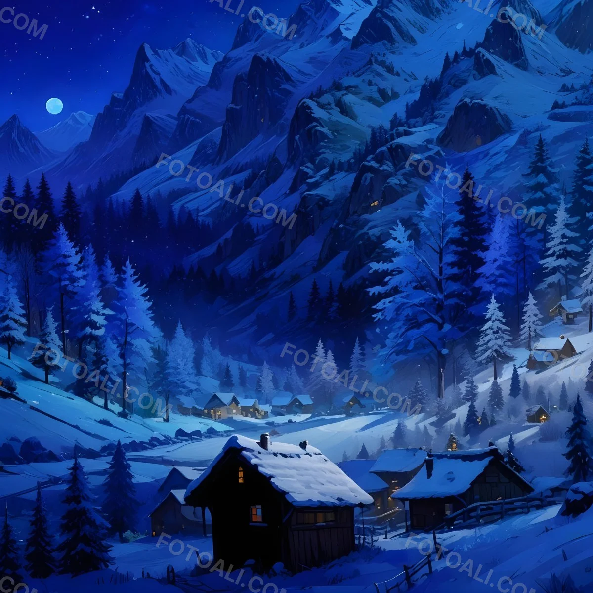 Digital Painting A Snowy Winter Landscape With A Small Village Nestled In A Forested Valley Surrounded By Tall Mountains Under A Starry Night Sky With A Full Moon A Sunny Summer Landscape With A Bustling Villag 1 08ff