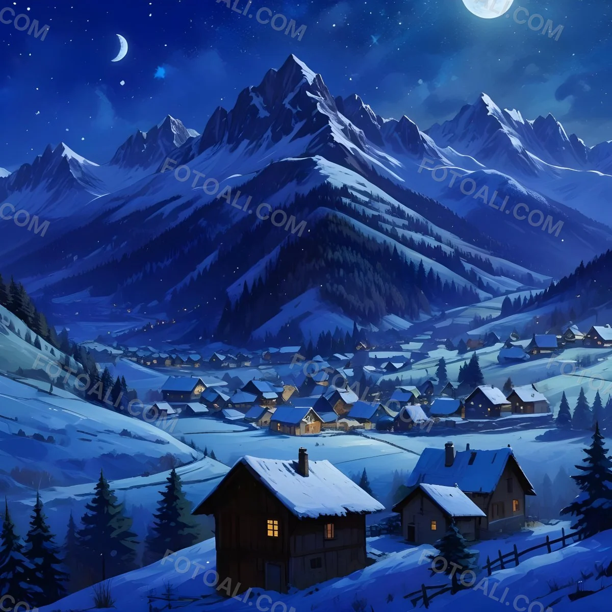 Digital Painting A Snowy Winter Landscape With A Small Village Nestled In A Forested Valley Surrounded By Tall Mountains Under A Starry Night Sky With A Full Moon A Sunny Summer Landscape With A Bustling Villag 10 Ffc6