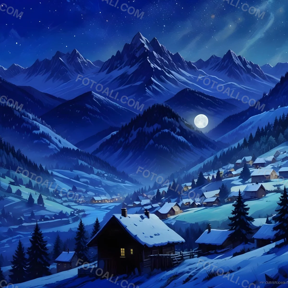 Digital Painting A Snowy Winter Landscape With A Small Village Nestled In A Forested Valley Surrounded By Tall Mountains Under A Starry Night Sky With A Full Moon A Sunny Summer Landscape With A Bustling Villag 11 769b