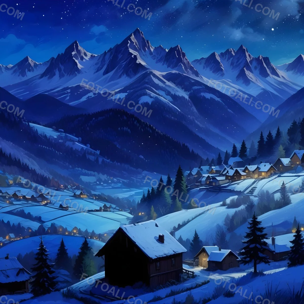 Digital Painting A Snowy Winter Landscape With A Small Village Nestled In A Forested Valley Surrounded By Tall Mountains Under A Starry Night Sky With A Full Moon A Sunny Summer Landscape With A Bustling Villag 12 39c9