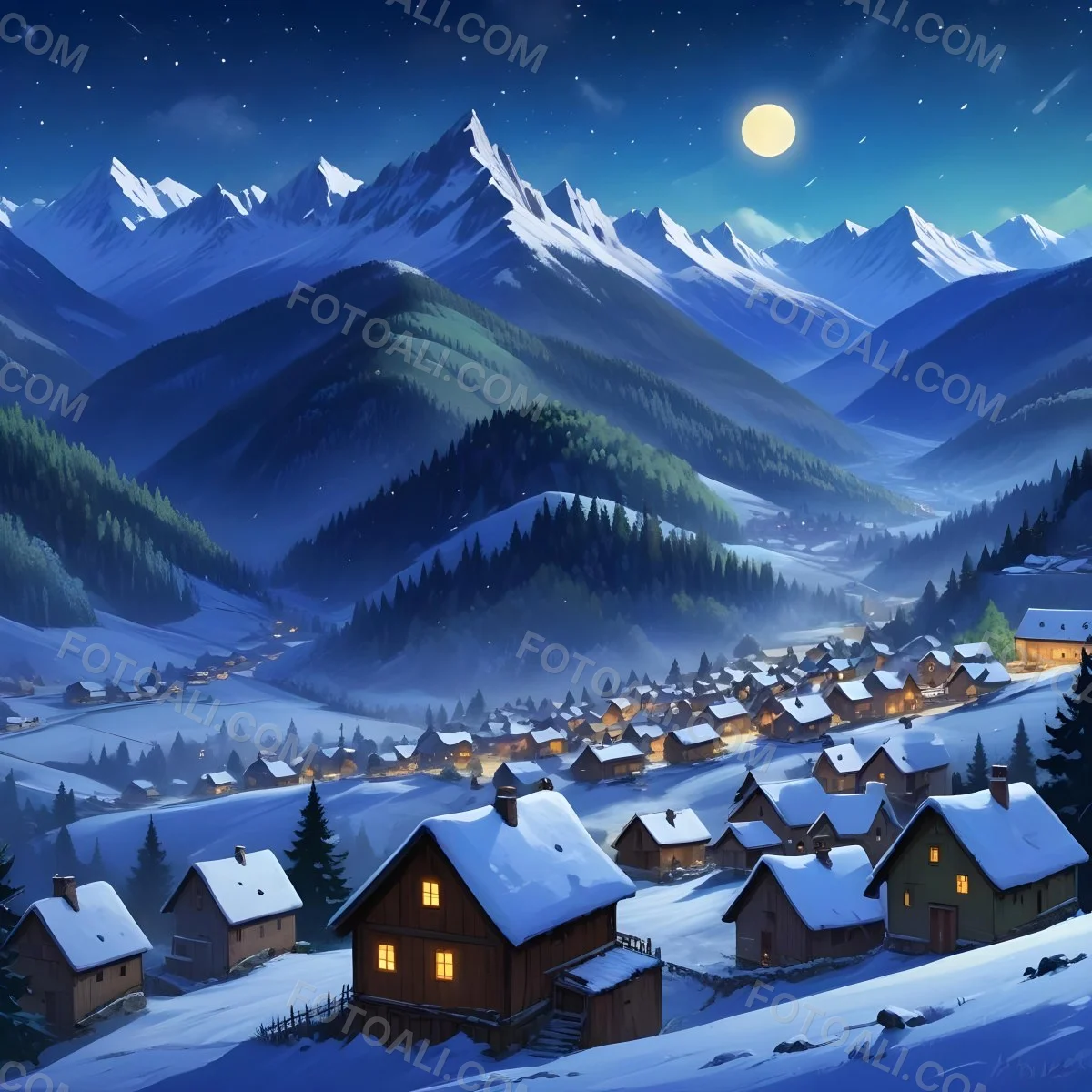 Digital Painting A Snowy Winter Landscape With A Small Village Nestled In A Forested Valley Surrounded By Tall Mountains Under A Starry Night Sky With A Full Moon A Sunny Summer Landscape With A Bustling Villag 3 Fe7e