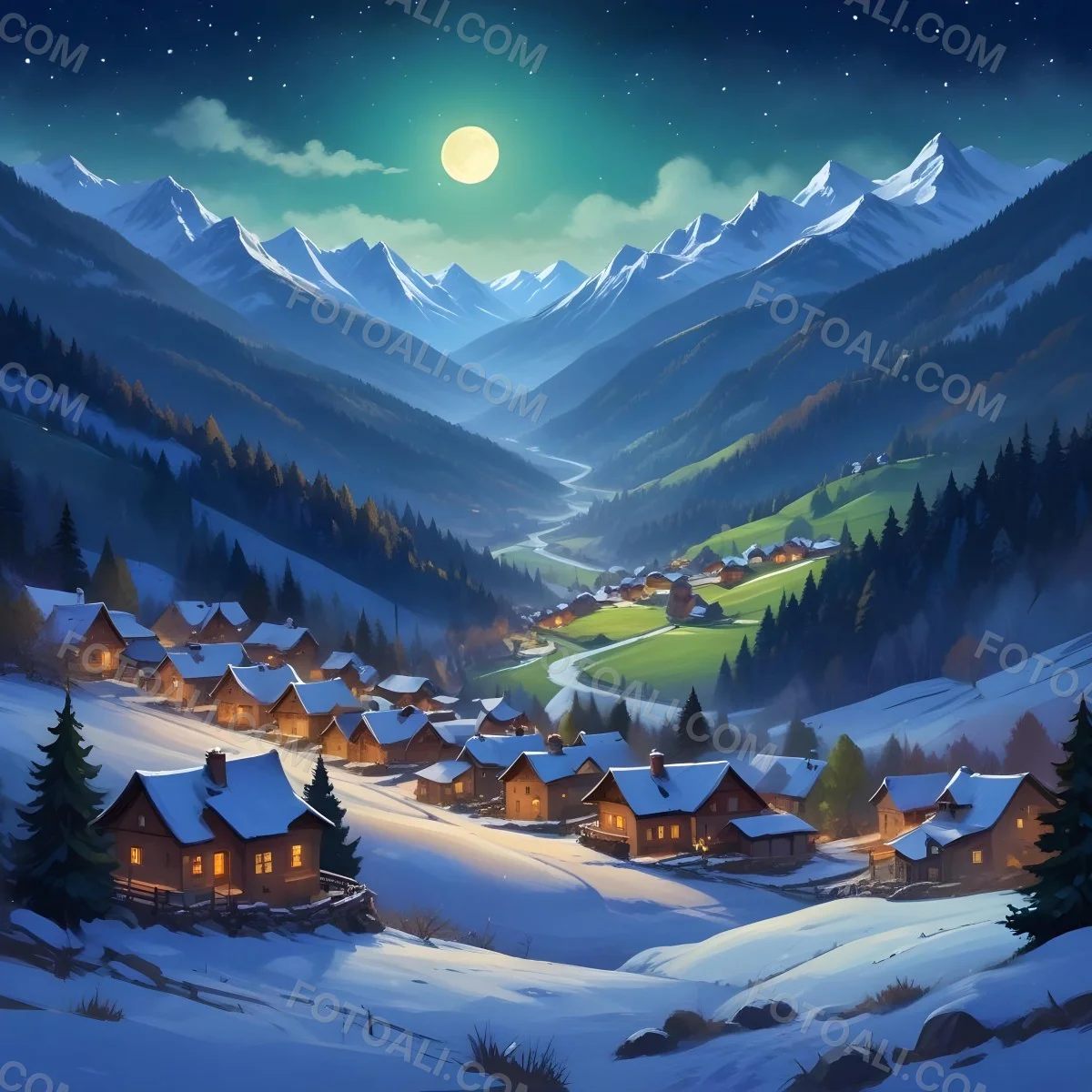 Digital Painting A Snowy Winter Landscape With A Small Village Nestled In A Forested Valley Surrounded By Tall Mountains Under A Starry Night Sky With A Full Moon A Sunny Summer Landscape With A Bustling Villag 4 D117