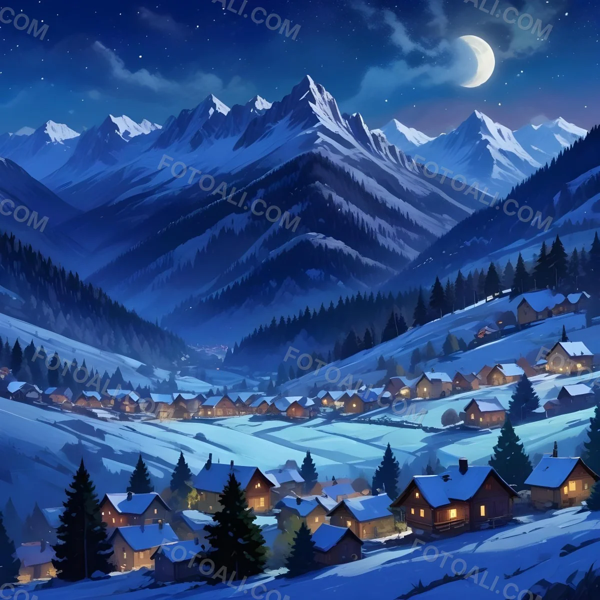 Digital Painting A Snowy Winter Landscape With A Small Village Nestled In A Forested Valley Surrounded By Tall Mountains Under A Starry Night Sky With A Full Moon A Sunny Summer Landscape With A Bustling Villag 5 Debc