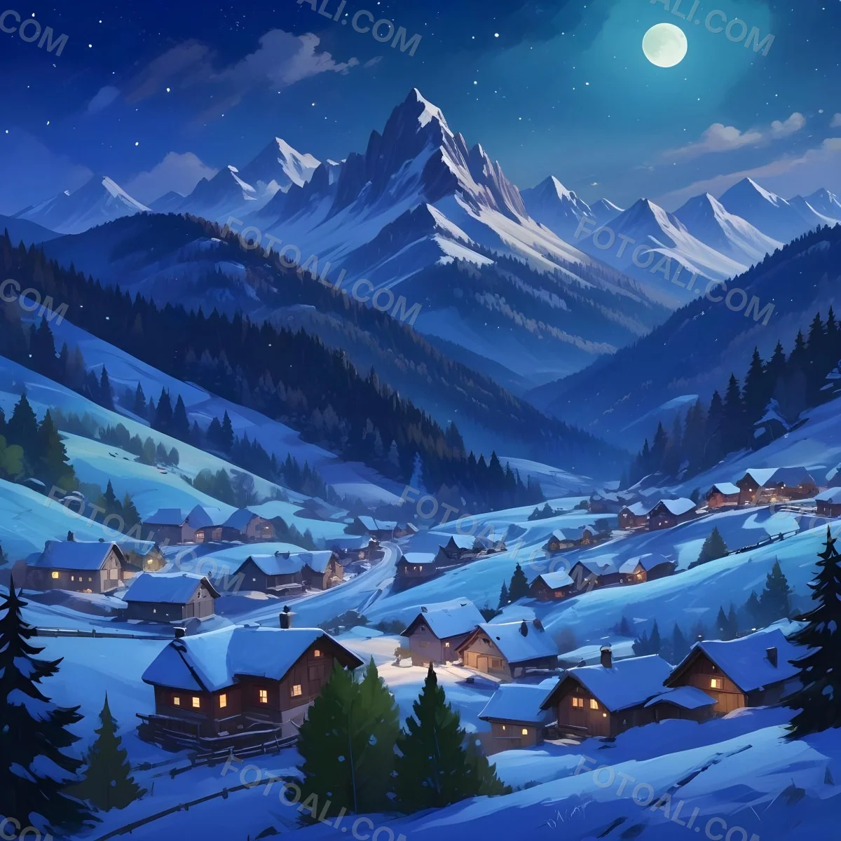 Digital Painting A Snowy Winter Landscape With A Small Village Nestled In A Forested Valley Surrounded By Tall Mountains Under A Starry Night Sky With A Full Moon A Sunny Summer Landscape With A Bustling Villag 6 96be