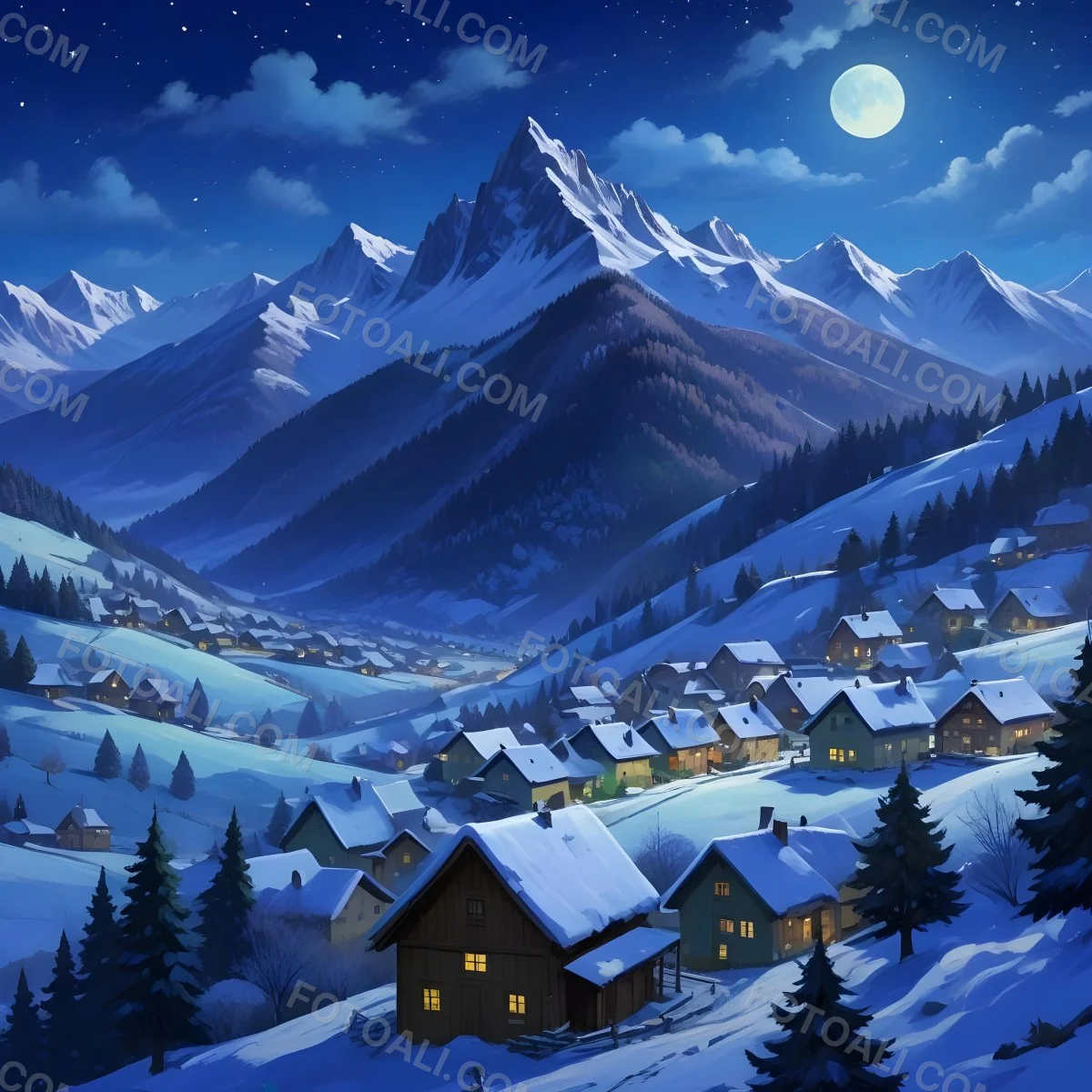 Digital Painting A Snowy Winter Landscape With A Small Village Nestled In A Forested Valley Surrounded By Tall Mountains Under A Starry Night Sky With A Full Moon A Sunny Summer Landscape With A Bustling Villag 7 659d