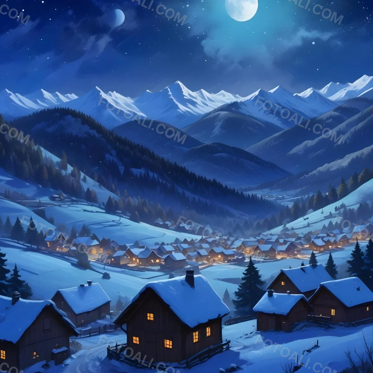 Digital Painting A Snowy Winter Landscape With A Small Village Nestled In A Forested Valley Surrounded By Tall Mountains Under A Starry Night Sky With A Full Moon A Sunny Summer Landscape With A Bustling Villag 8 5be2