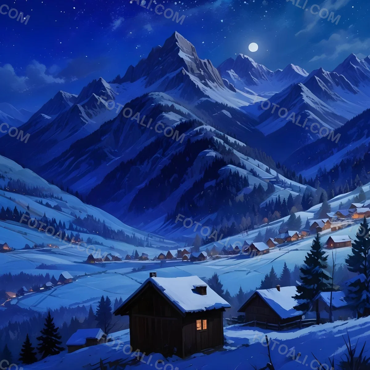 Digital Painting A Snowy Winter Landscape With A Small Village Nestled In A Forested Valley Surrounded By Tall Mountains Under A Starry Night Sky With A Full Moon A Sunny Summer Landscape With A Bustling Villag 9 1fd1