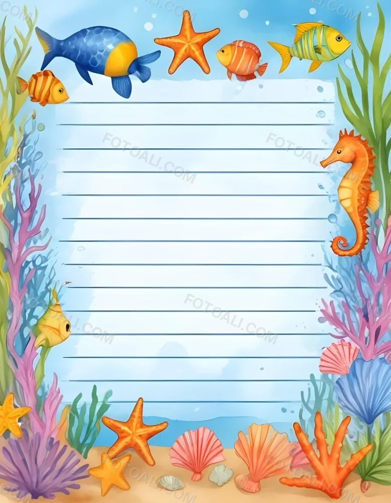 Digital Painting A Stationery Paper With A Marine Life Frame Including Seahorses Starfish Seaweed Shells And Colorful Fish With A Blue Watercolor Background Bold And Slim Lines Brush Strokes 12 1fd1