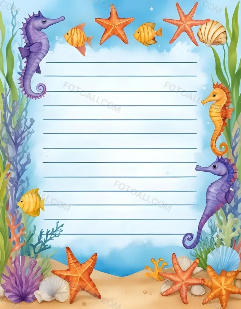 Digital Painting A Stationery Paper With A Marine Life Frame Including Seahorses Starfish Seaweed Shells And Colorful Fish With A Blue Watercolor Background Bold And Slim Lines Brush Strokes 16 2dd0
