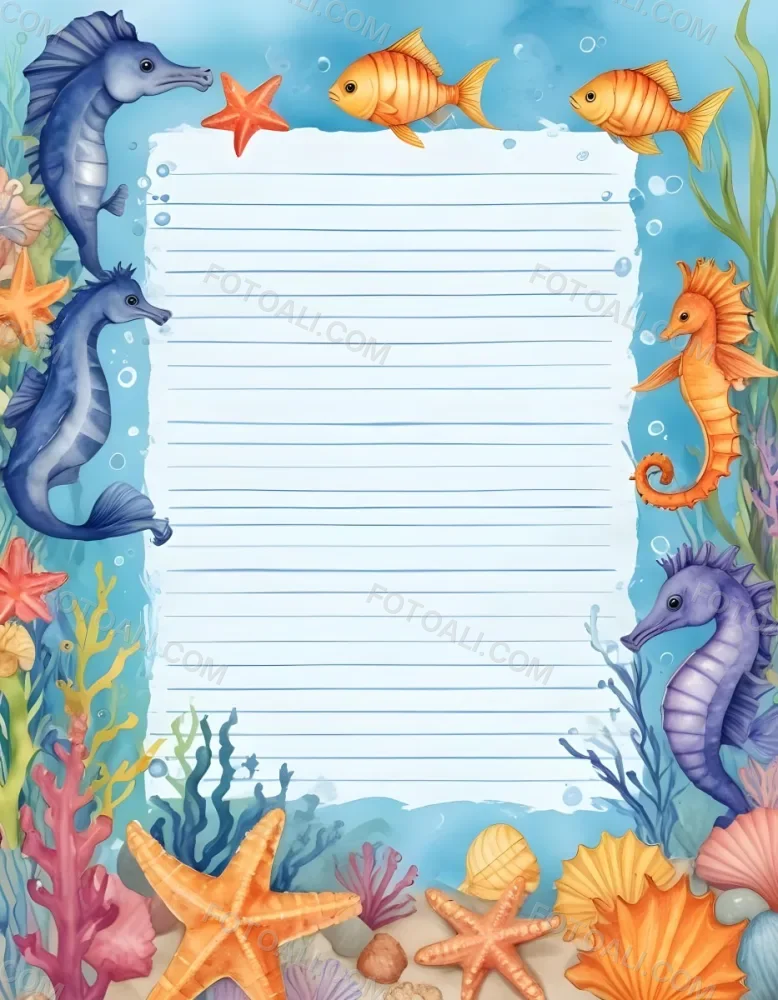 Digital Painting A Stationery Paper With A Marine Life Frame Including Seahorses Starfish Seaweed Shells And Colorful Fish With A Blue Watercolor Background Bold And Slim Lines Brush Strokes 19 E7b0